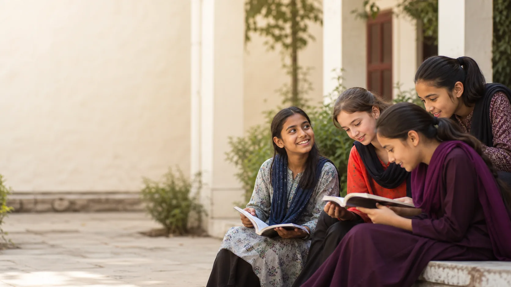 Four girls study together outdoors, supporting girls education and futures.